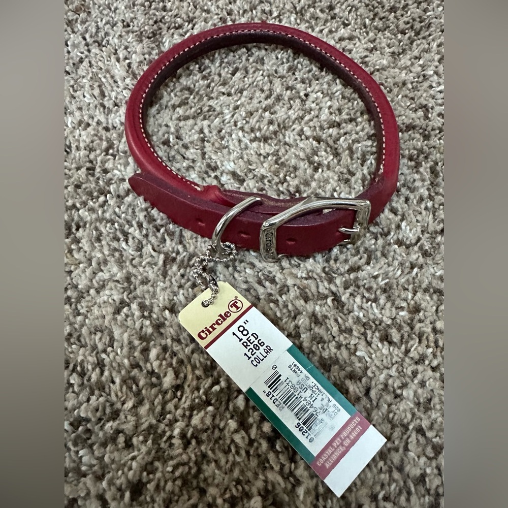 Circle T Dog Collar Latigo Rolled Cranberry Red Leather 18”
